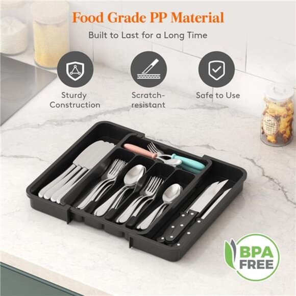 Expandable silverware drawer organizer adjustable utensil tray kitchen storage b - Picture 4 of 7